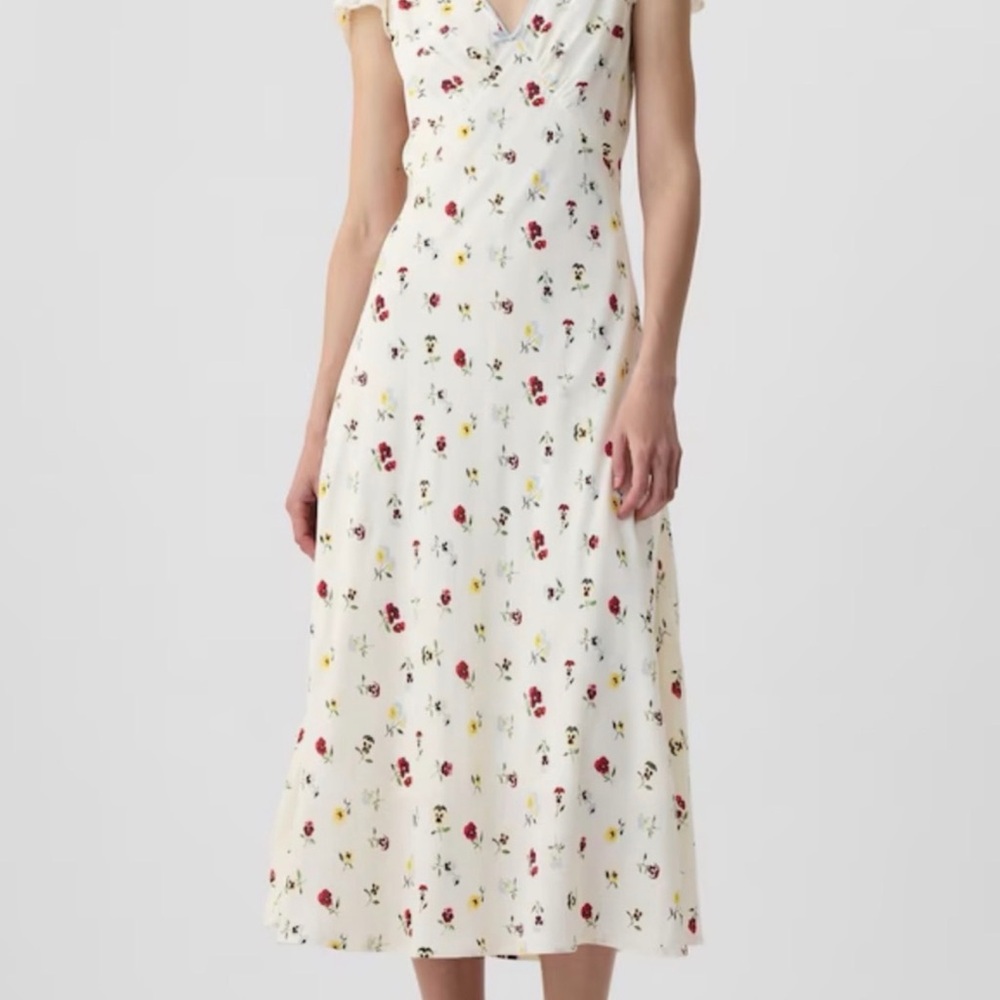 Ivory Floral Midi Dress with Red & Yellow Blooms